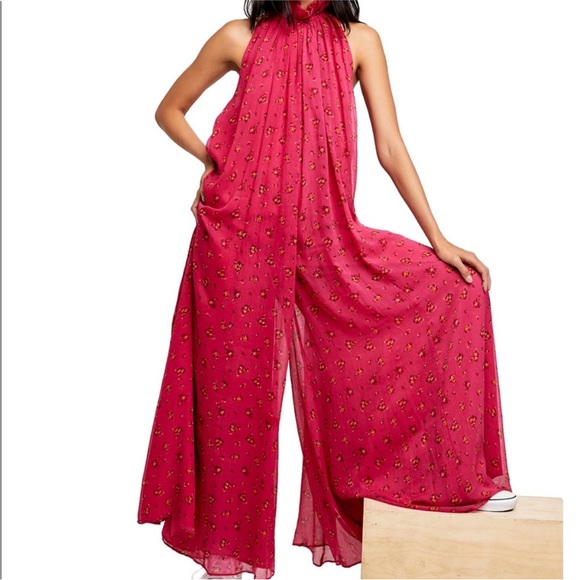 Free People Pants - Free People Bright Fuchsia Halter Wide-Leg Jumpsuit